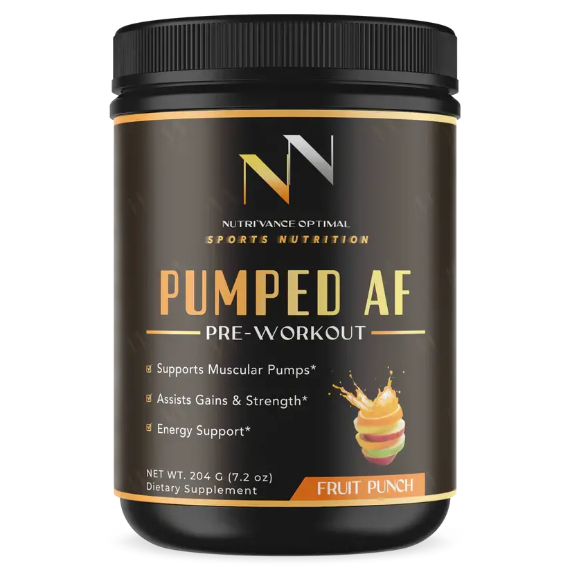 Nutri'Vance PUMPED AF stimulant-free pre-workout supplement in fruit punch flavor, designed for energy, focus, endurance, and muscle pumps